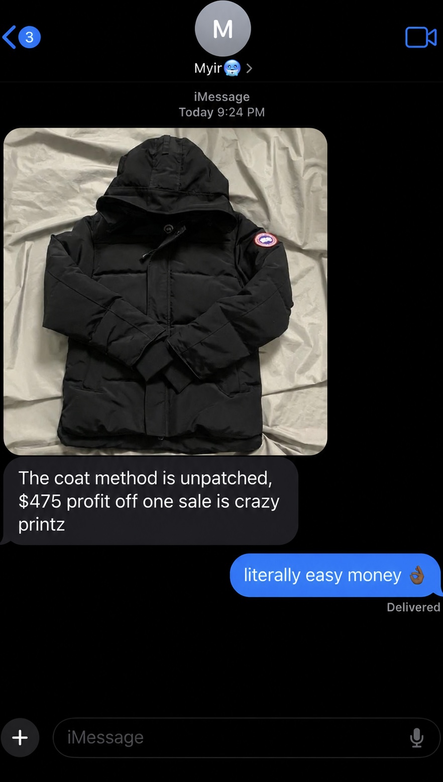 Myir's result — $475 profit off one coat